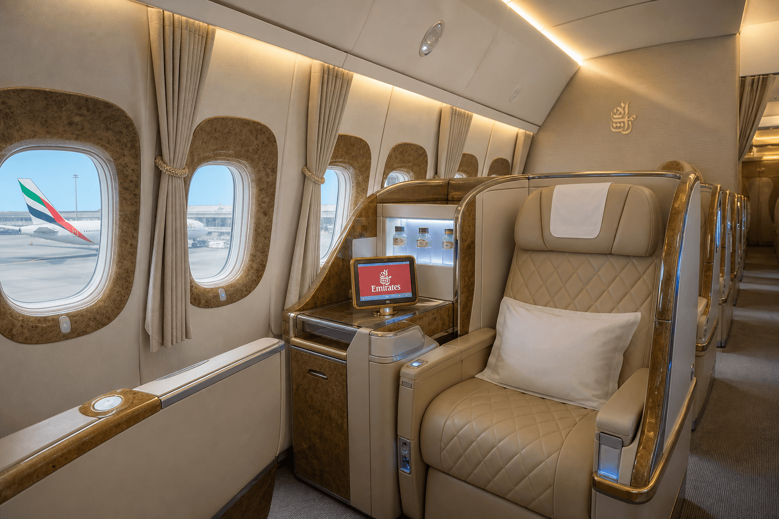 An Emirates first class cabin interior with luxurious seating and passenger reclining in comfort