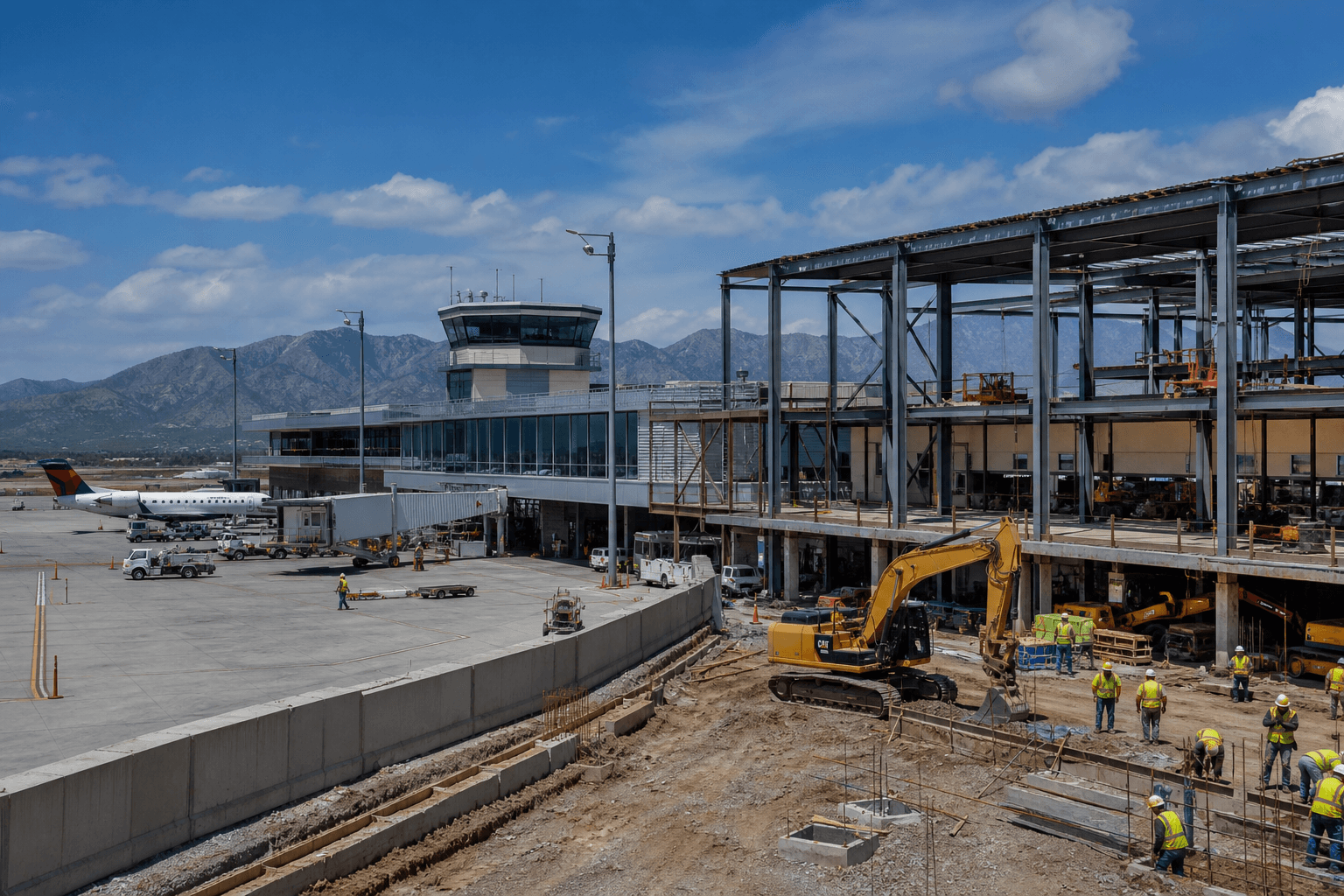Mid-sized regional airport terminal expansion construction scene during day