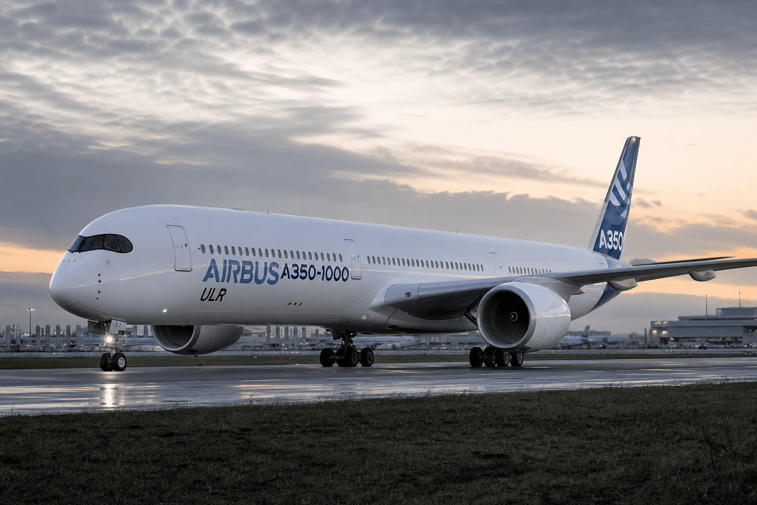 Airbus A350-1000ULR on runway preparing for long-range test flight at Toulouse airport in daylight