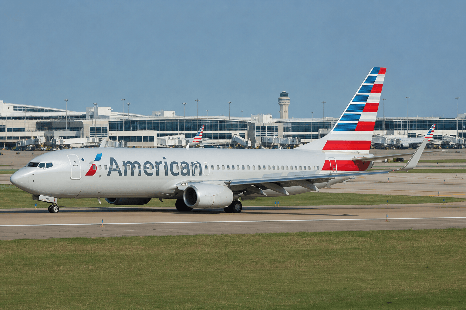 American Airlines aircraft taxiing on runway at Dallas-Fort Worth Airport on a clear day
