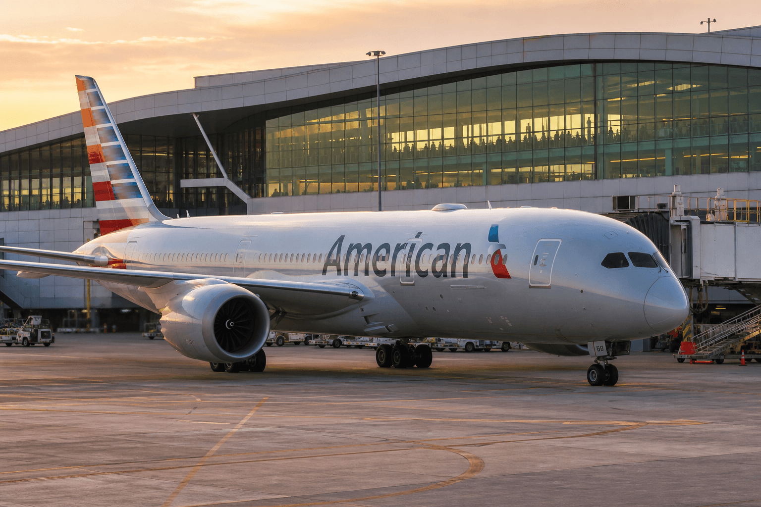 An American Airlines aircraft parked at an airport gate during sunset, with a modern airport lounge visible in the background.