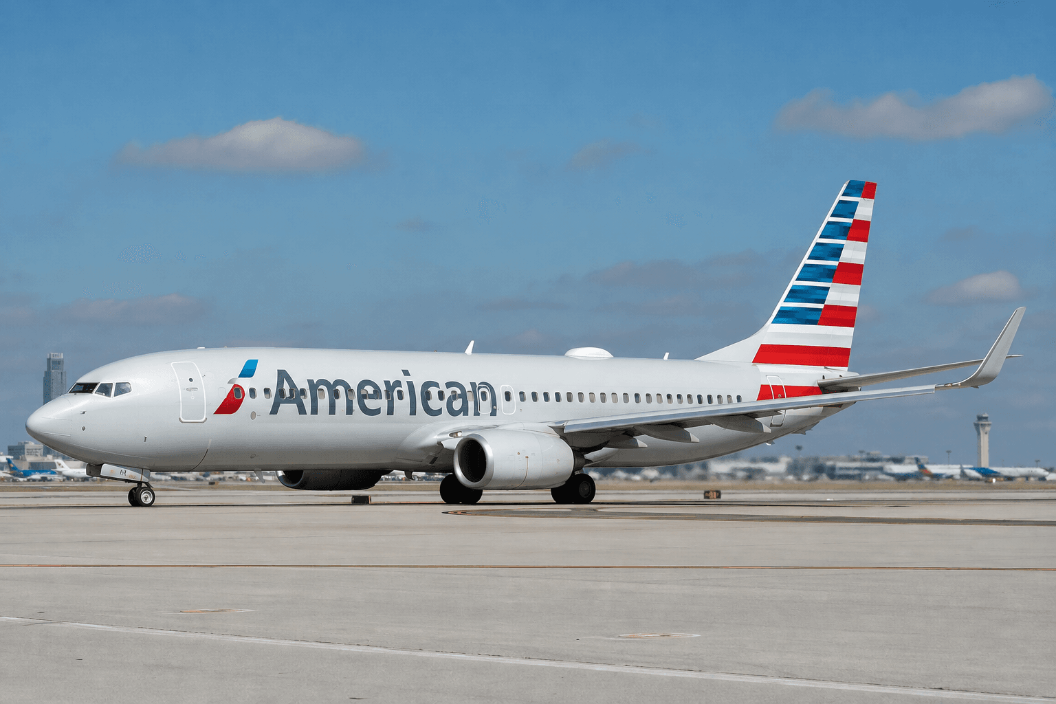 An American Airlines aircraft taxiing at a busy airport facing operational challenges