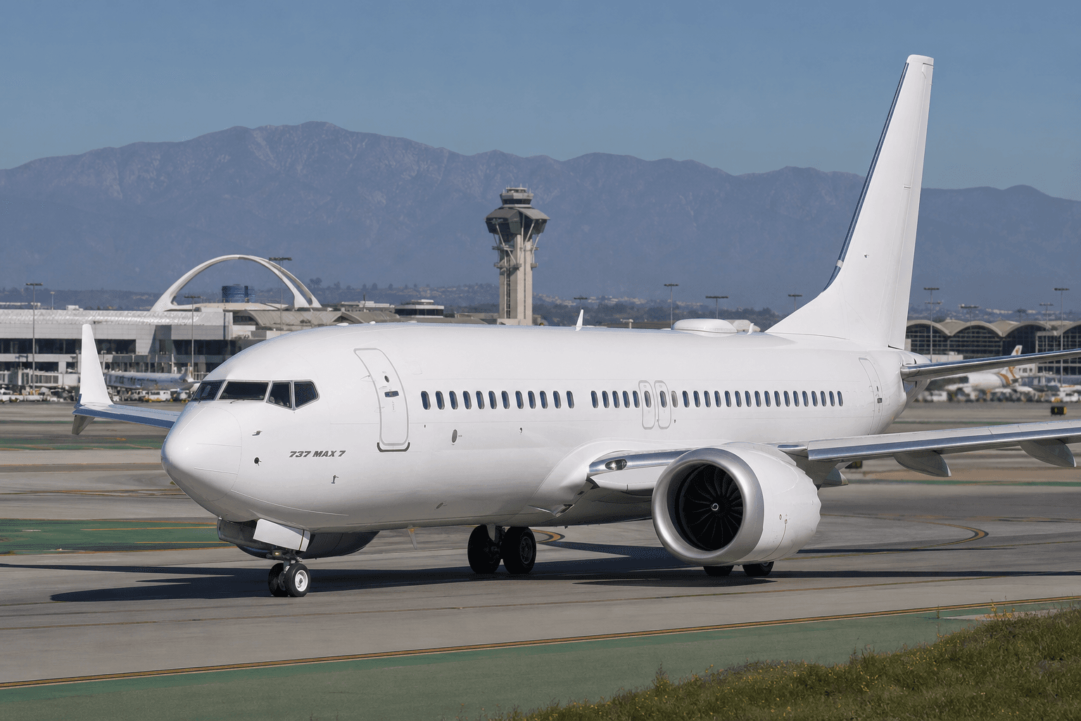 Boeing 737 MAX 7 taxiing on airport tarmac during daylight