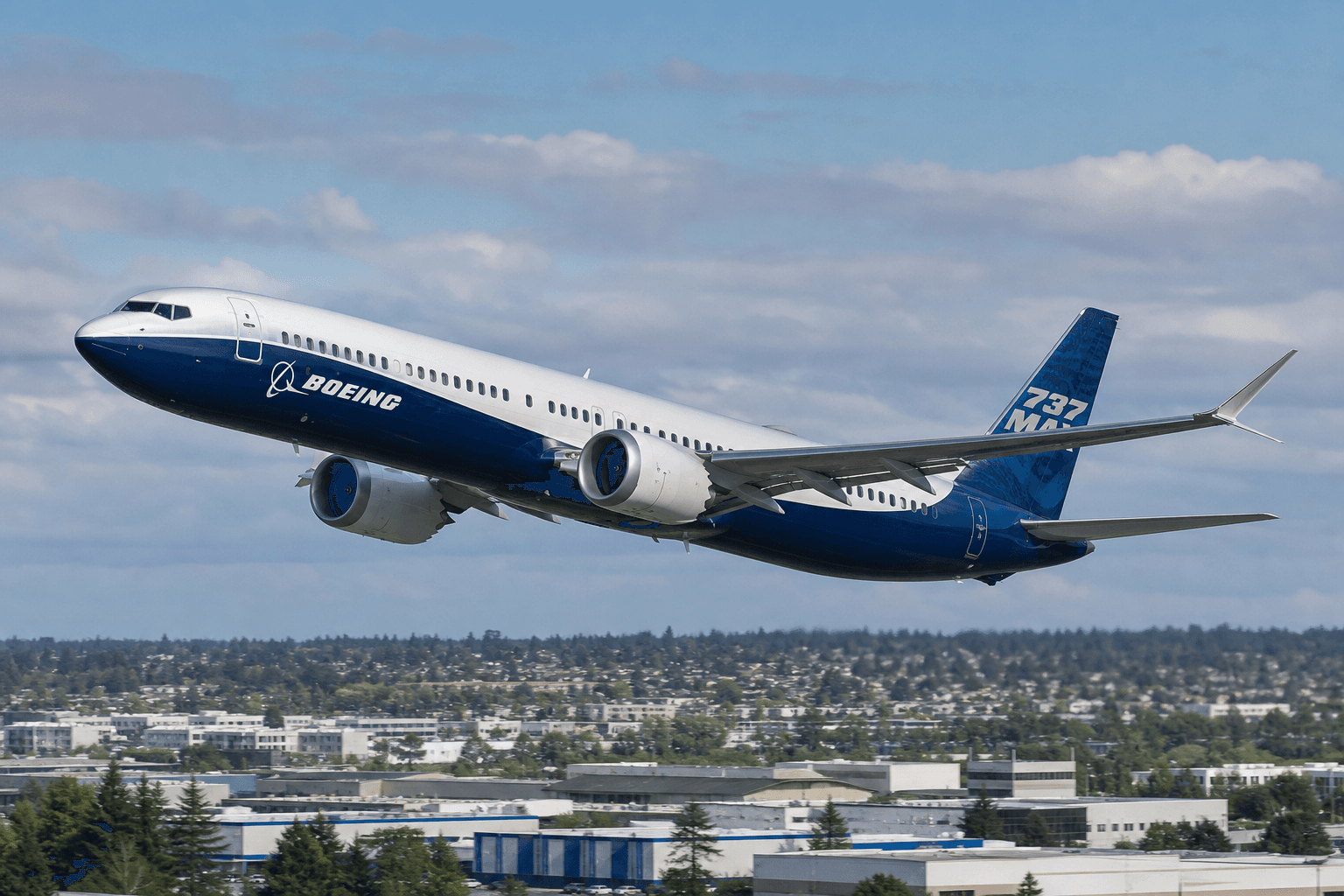 Boeing 737 Max 10 aircraft during flight test at Boeing Field