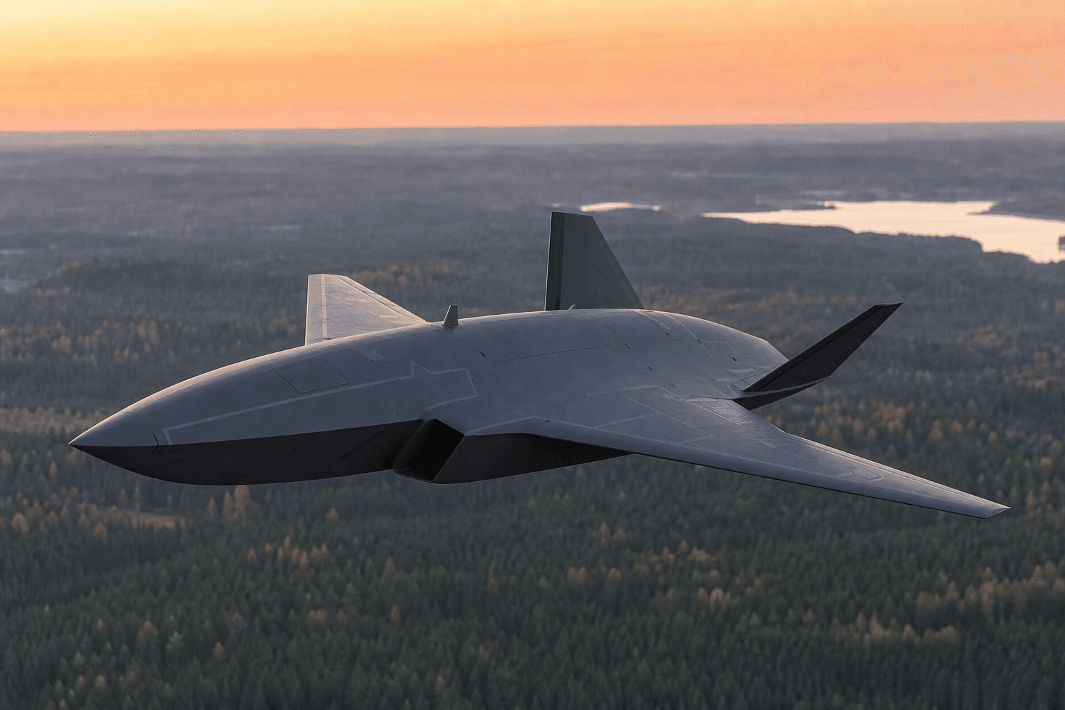 MQ-28 Ghost Bat drone flying over a German defense industry facility with partner company logos in foreground