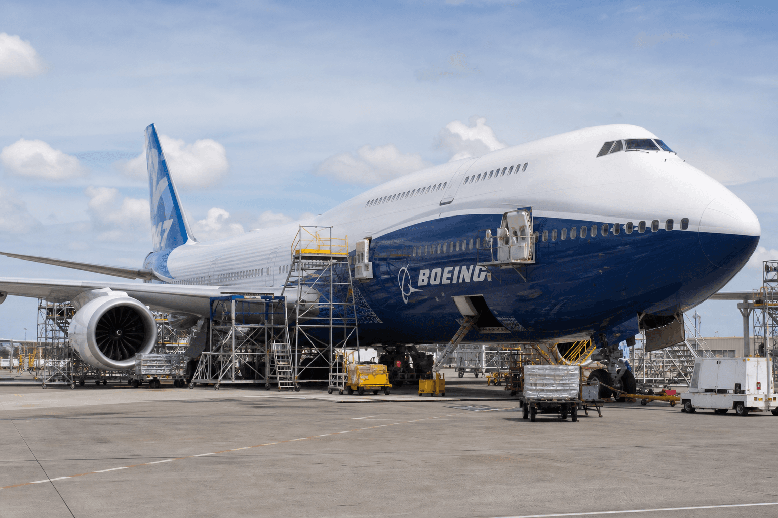 Boeing 747-8 on tarmac undergoing modifications with service vehicles nearby