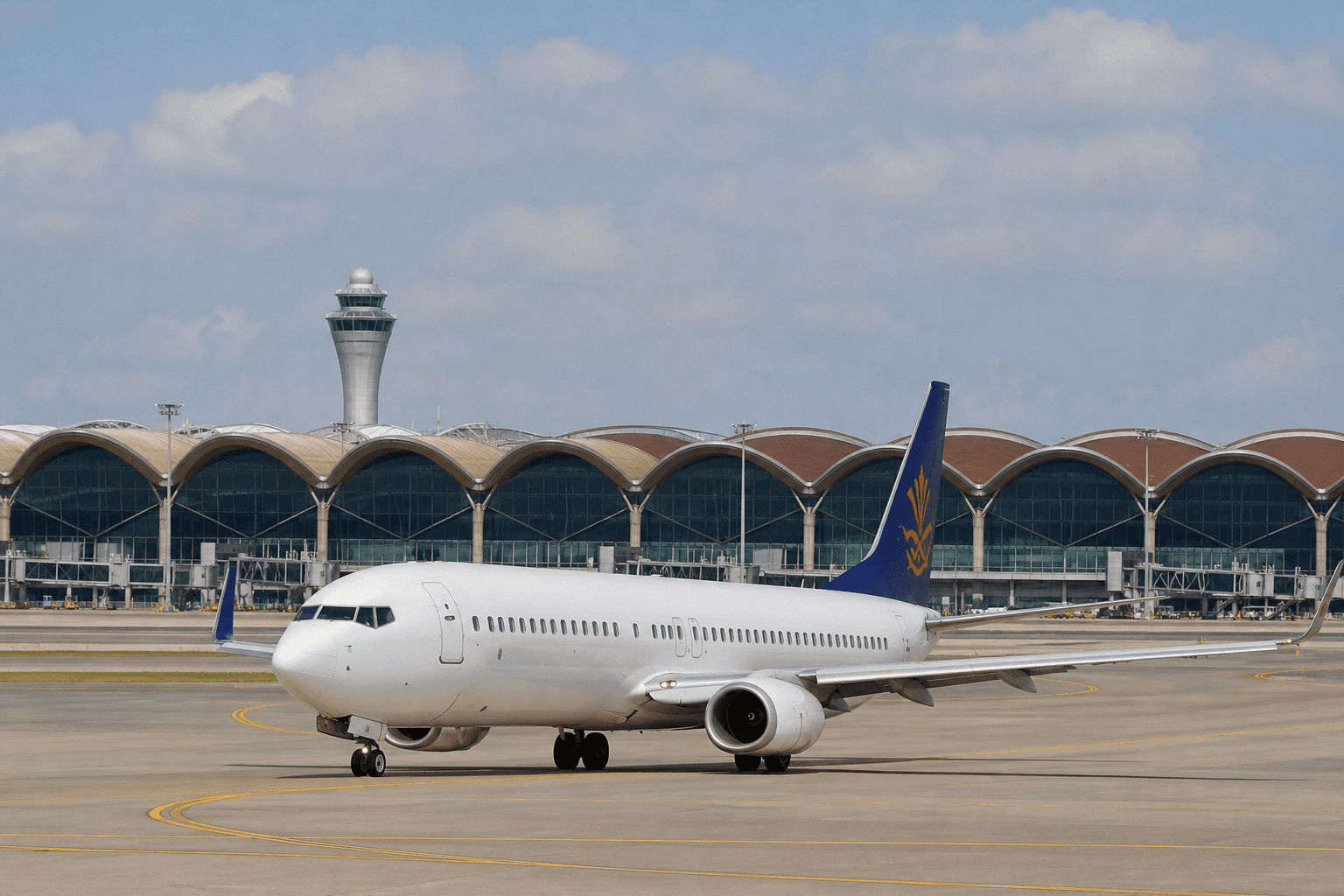 Boeing 737-8 aircraft taxiing at a modern international airport in Southeast Asia