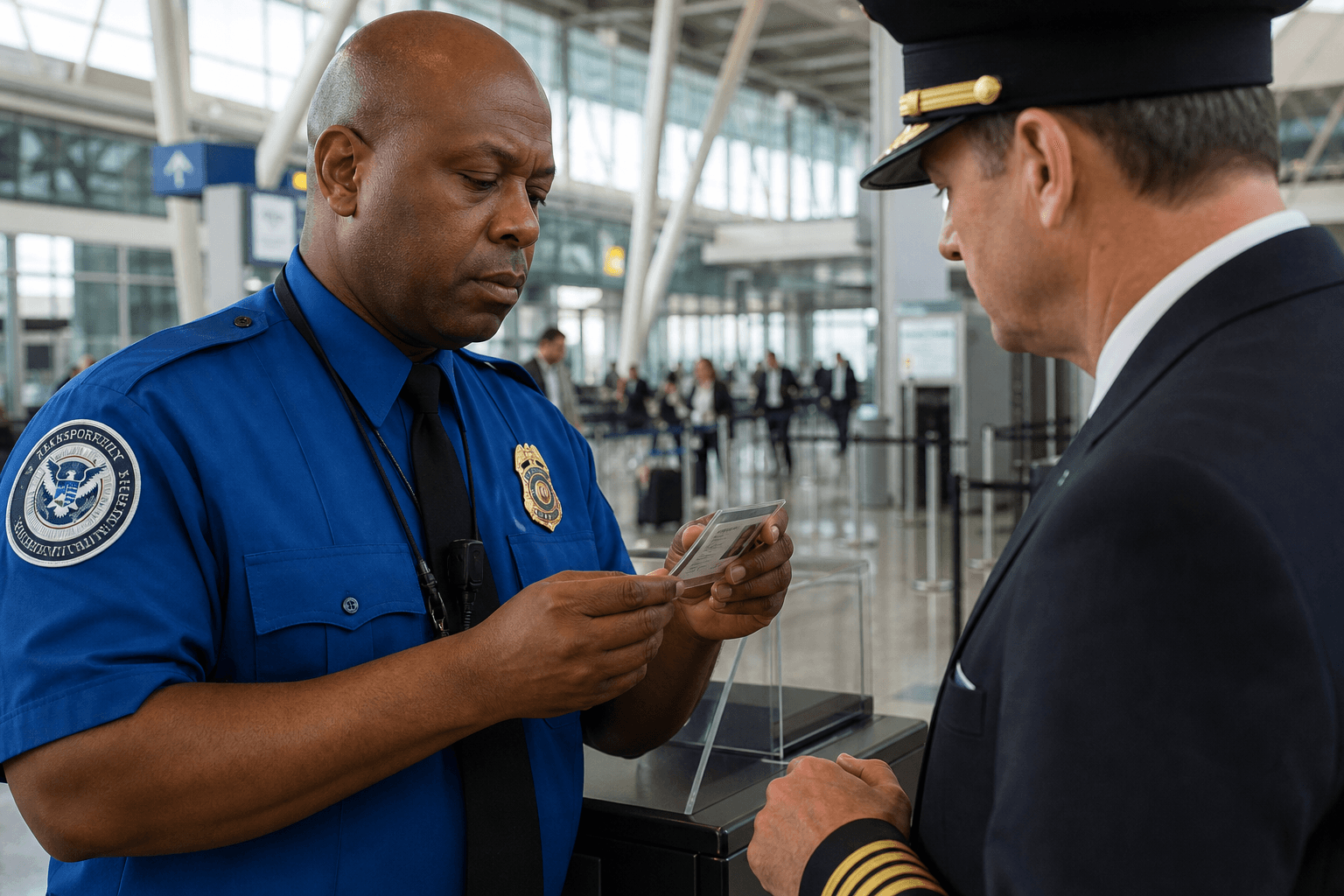 Security personnel examining a pilot badge at an airport checkpoint.
