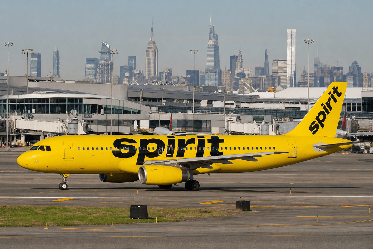 Spirit Airlines aircraft at congested LaGuardia Airport terminal with busy ramps