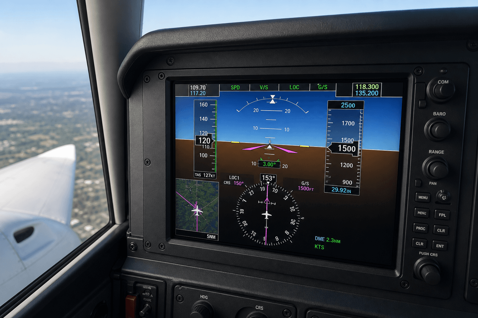Epic E1000 turboprop on final approach at a mountain airport at night under instrument conditions