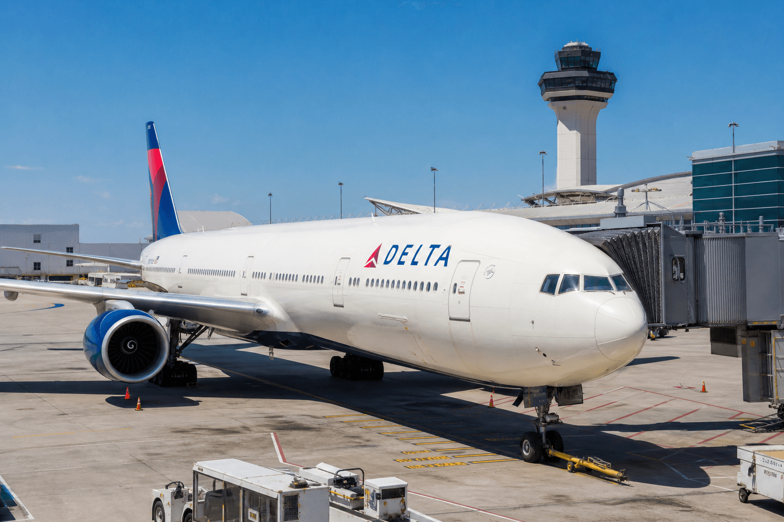 Delta Air Lines aircraft positioned at Austin-Bergstrom International Airport terminal