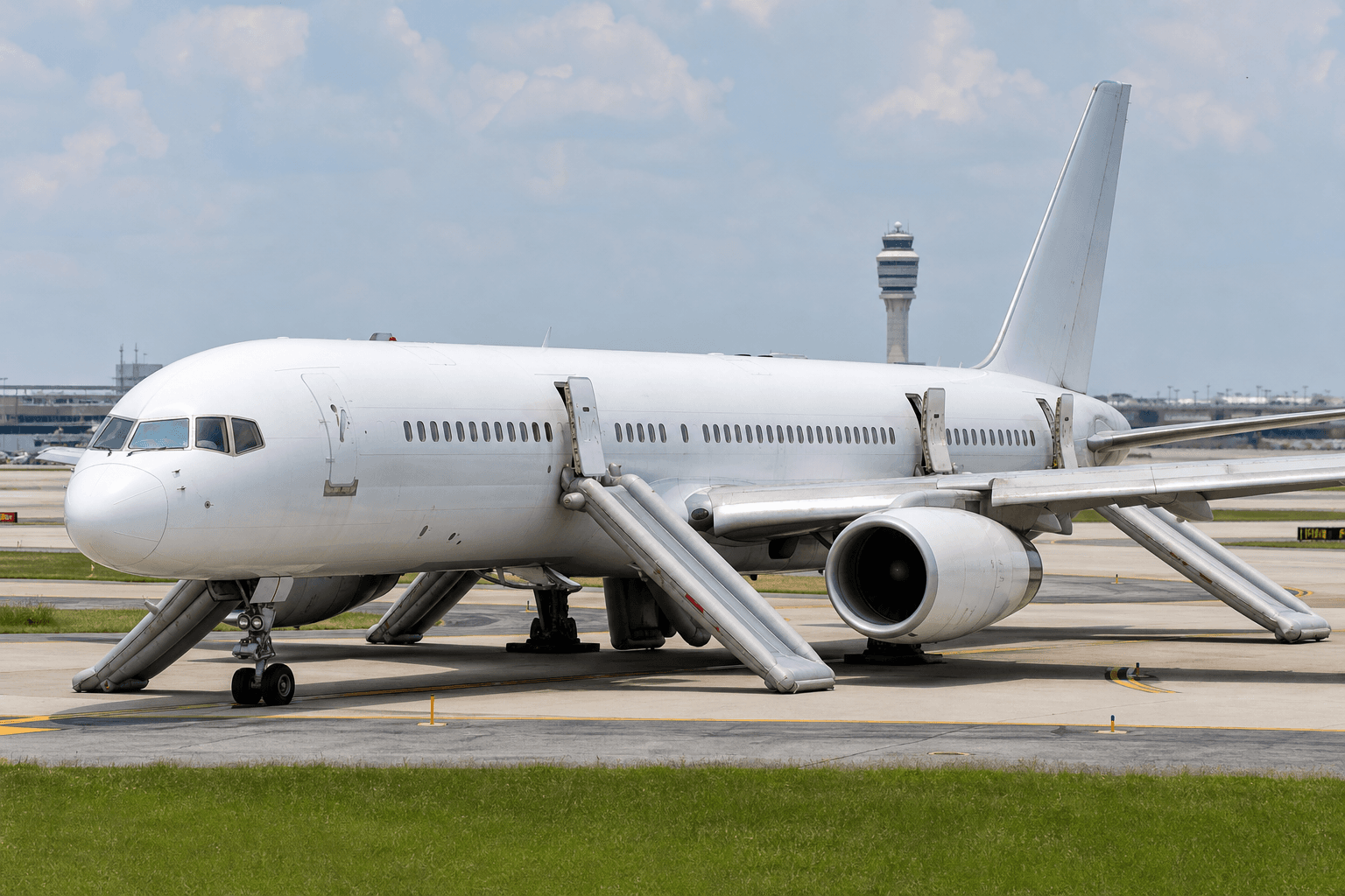 Boeing 757 on runway with emergency slides deployed at Atlanta airport during evacuation