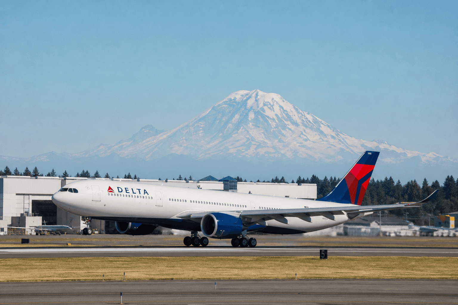 Airbus A330-900neo taxiing on a runway at Seattle-Tacoma International Airport during daytime