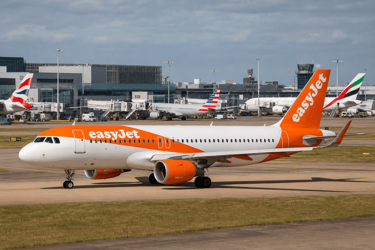 easyJet aircraft taxiing on runway during bright day with terminal in background