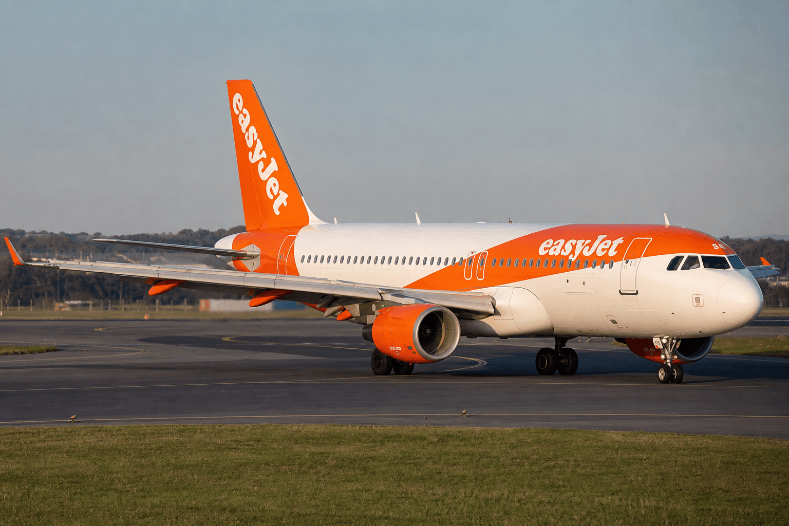 EasyJet Airbus A320 aircraft parked at a UK airport gate under overcast skies