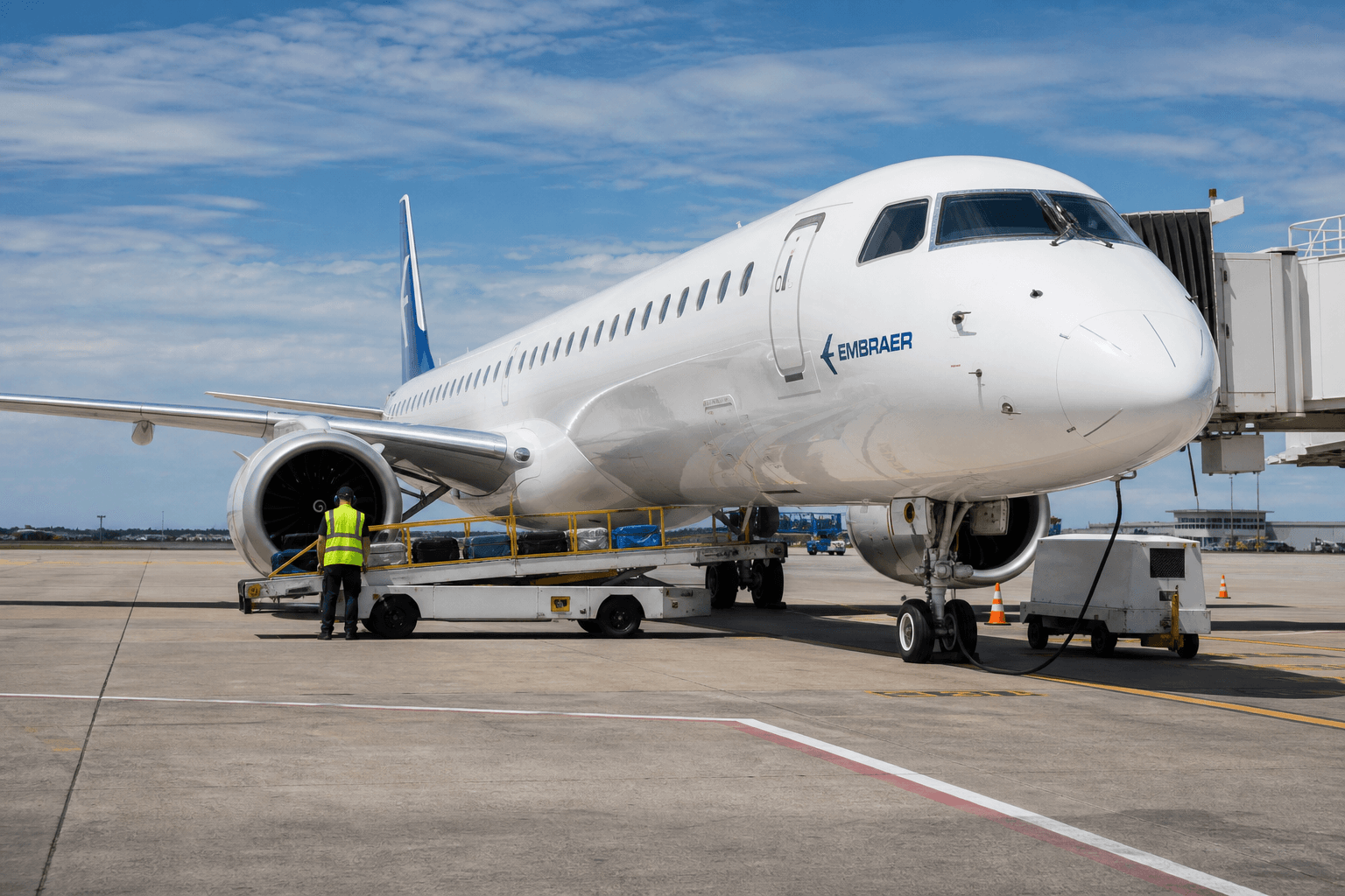 Embraer E195-E2 aircraft parked on tarmac during daylight operations