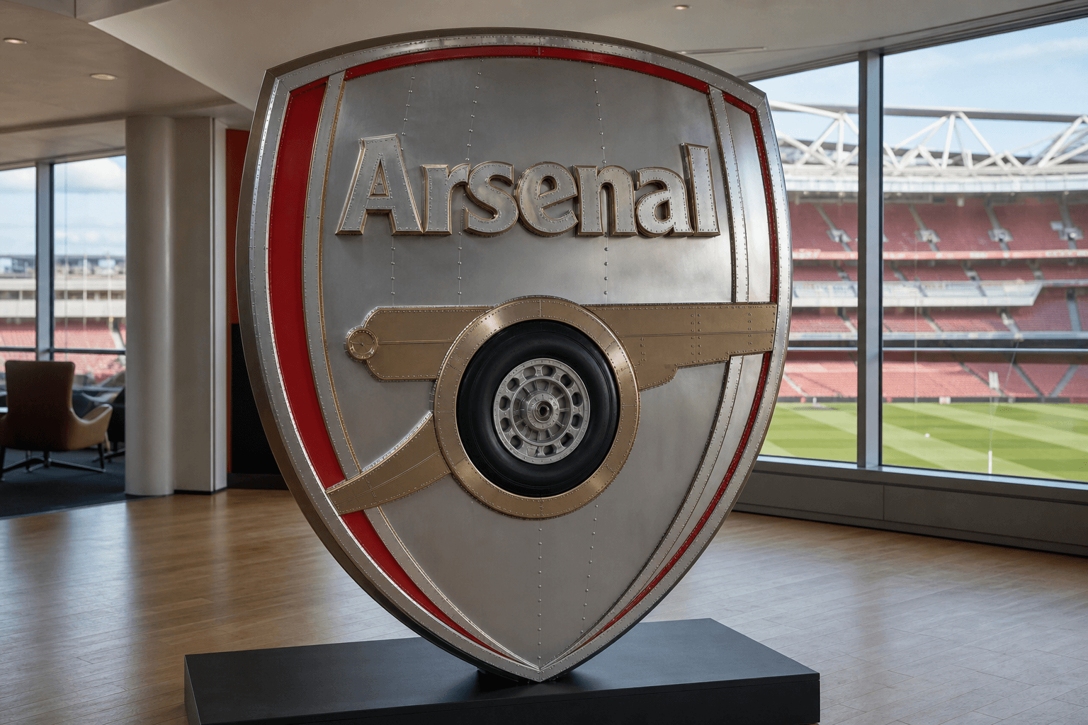 Emirates Stadium with a large sculpture of Arsenal FC badge made from aircraft parts