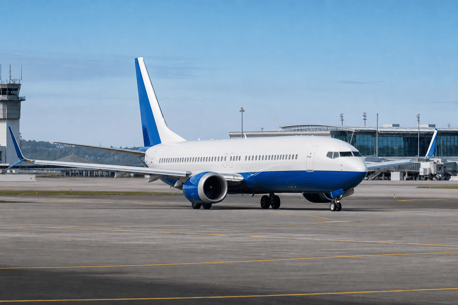 Boeing 737 Max taxiing on airport runway under clear skies