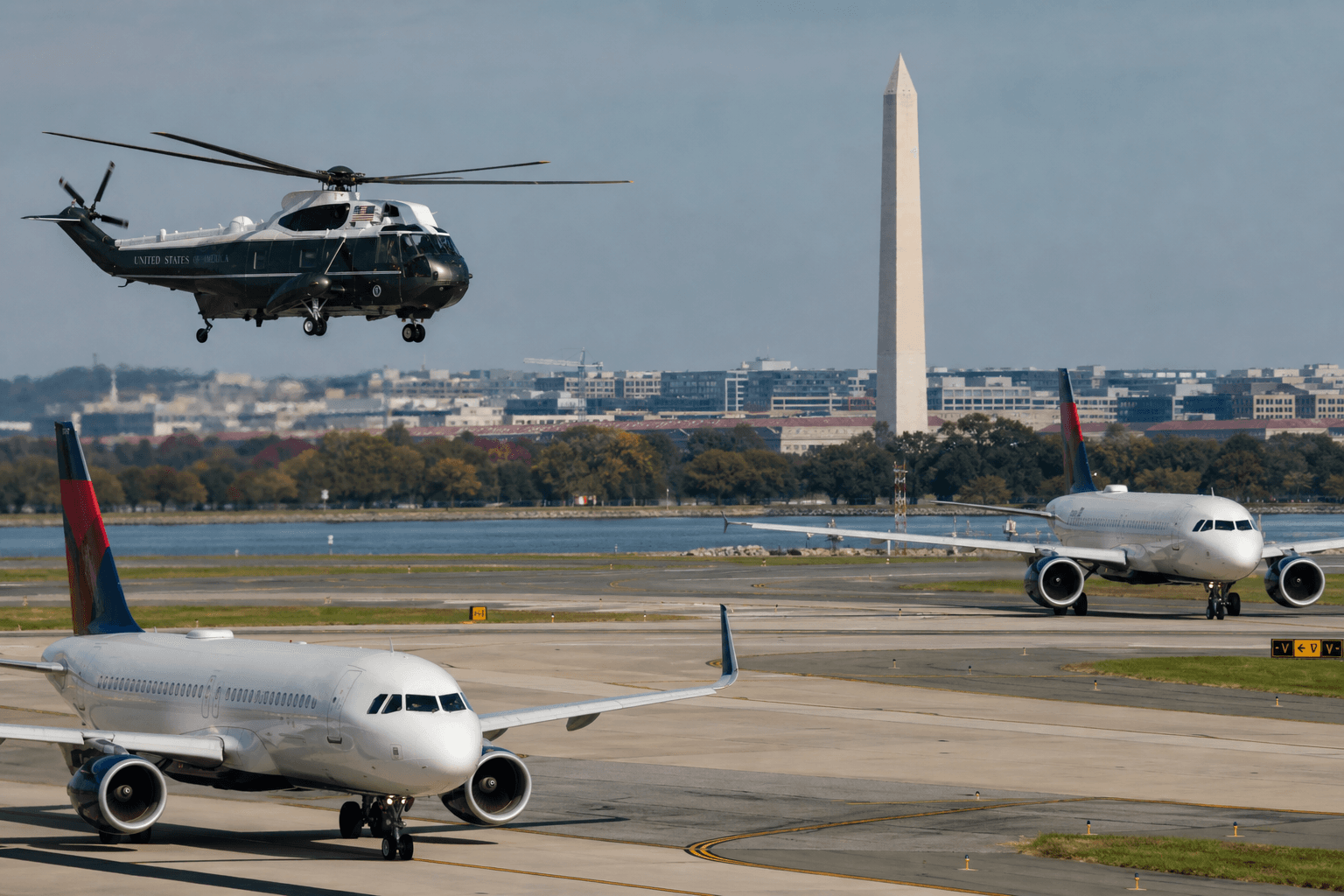 Marine One helicopter lifting off near Ronald Reagan Washington National Airport with commercial jets visible on the runway