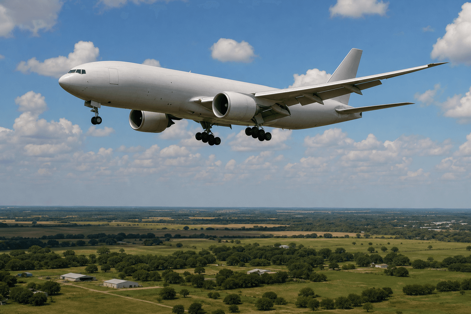 Boeing 777 performing low altitude pass over airport runway during test flight