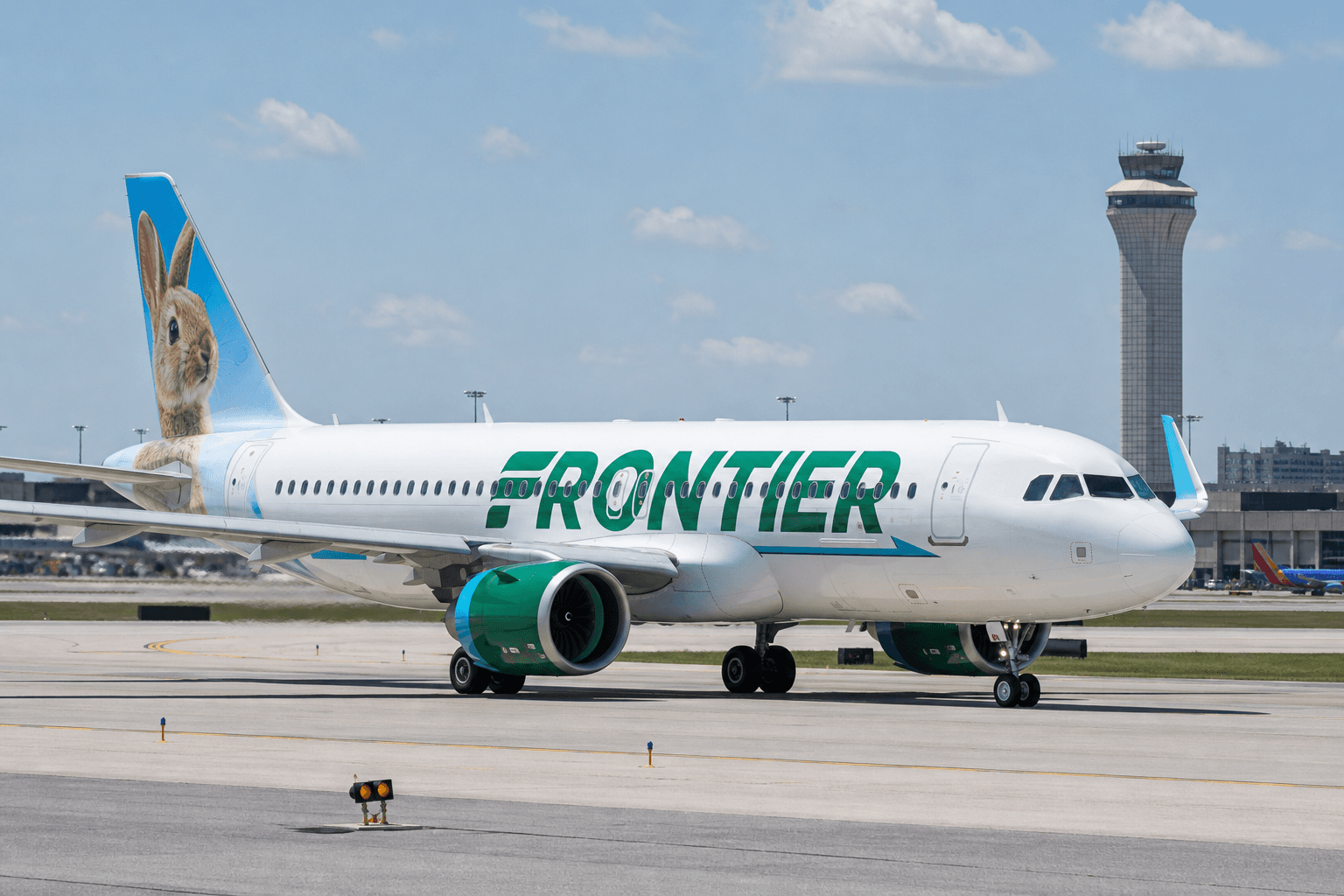 A Frontier Airlines aircraft taxiing at an airport on a clear day