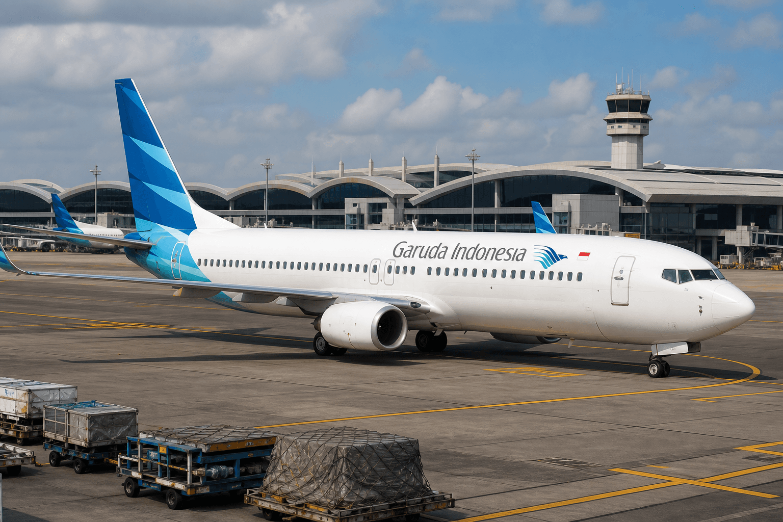 Garuda Indonesia aircraft parked at an Indonesian airport terminal during daytime