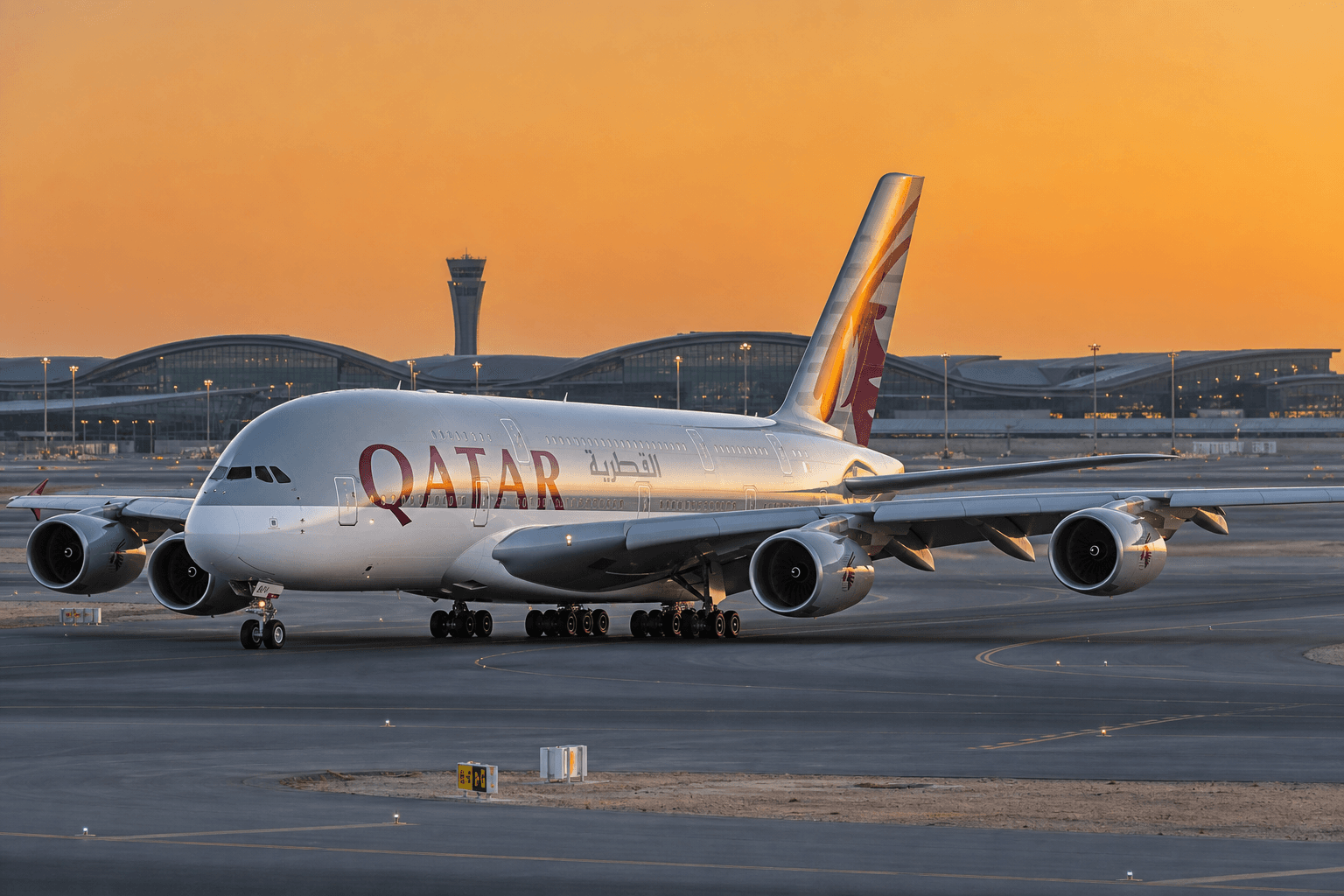 Qatar Airways Airbus A380 taxiing at Hamad International Airport at dusk