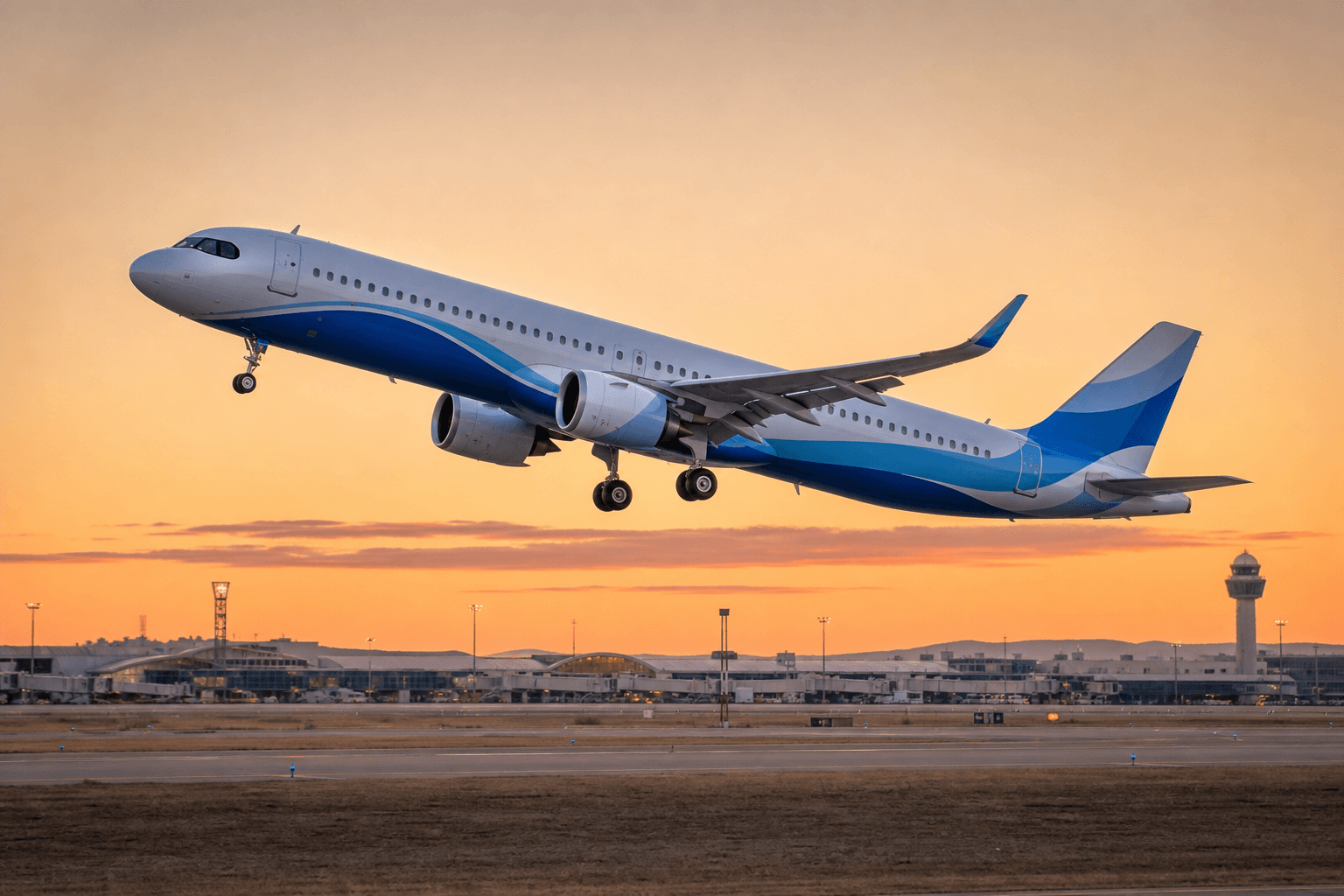 An Airbus A321XLR climbing after takeoff from an airport at sunset.