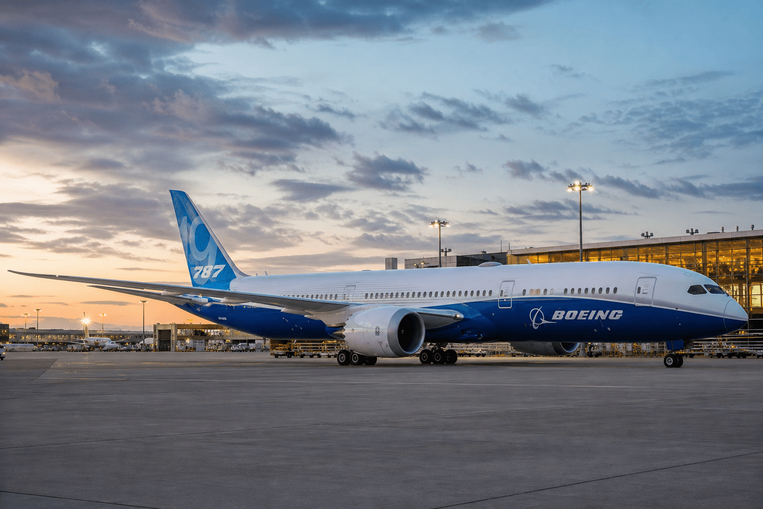 Boeing 787-9 Dreamliner preparing for departure at an international airport at dusk