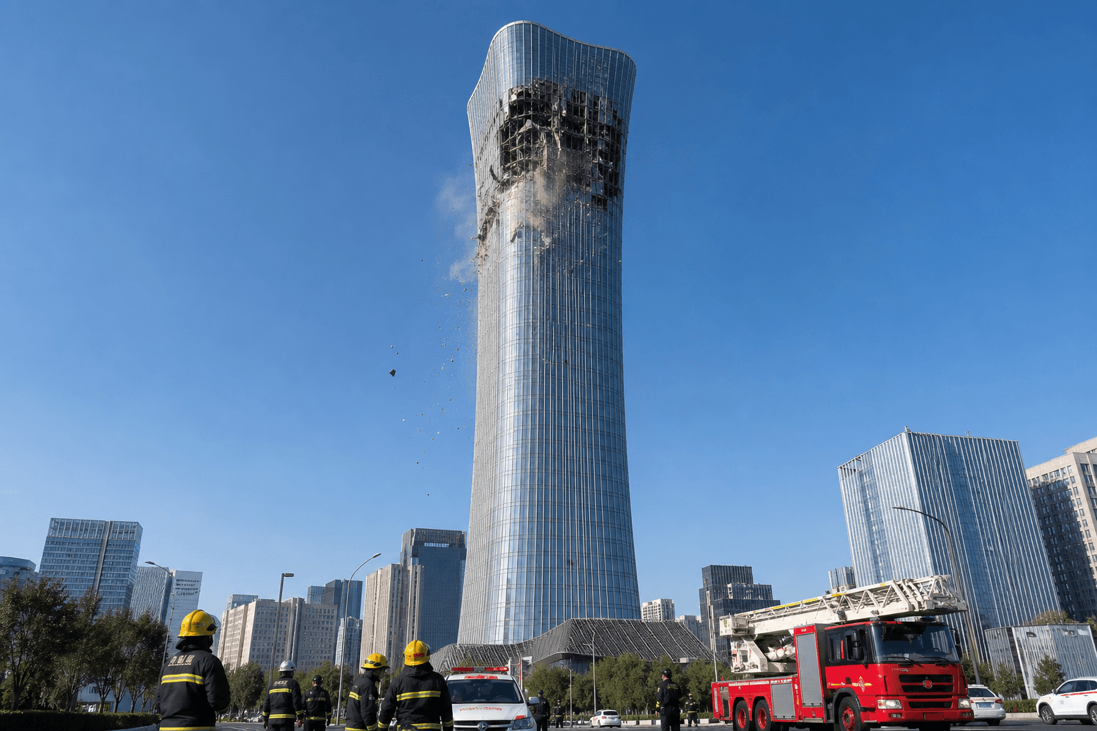 Images indicate light aircraft collided with tallest building in Beijing