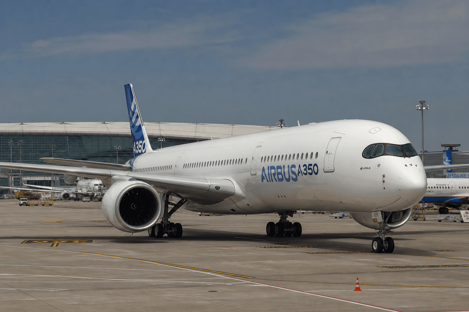 Airbus A350 taxiing at a major international airport under overcast skies