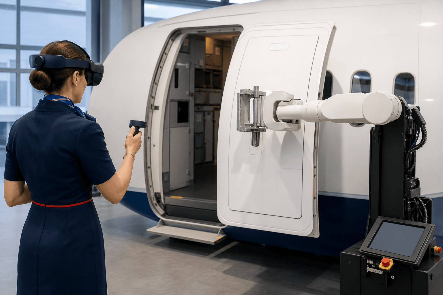 Crew member using virtual-reality headset and robotic arm to train on aircraft door procedures