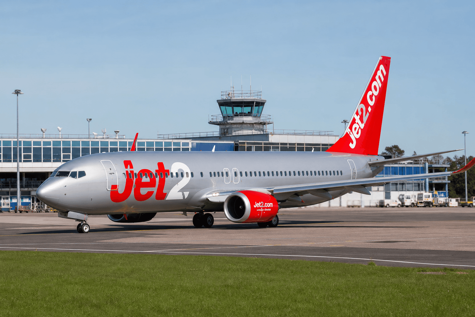 Jet2 aircraft taxiing at Bournemouth Airport with terminal in background during daytime