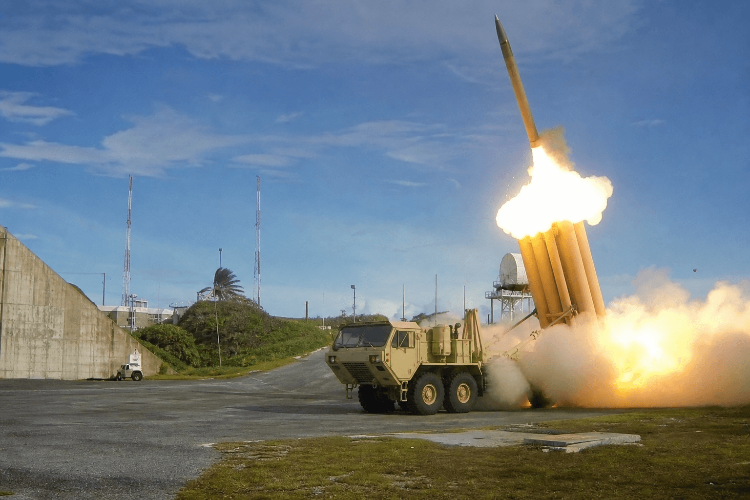 Lockheed Martin missile system during daytime testing at a military facility