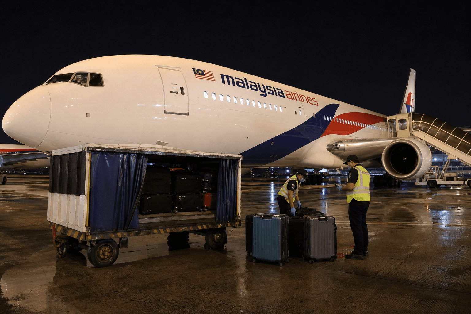 Commercial airliner at night parked at Jakarta Soekarno-Hatta Airport with customs officers nearby