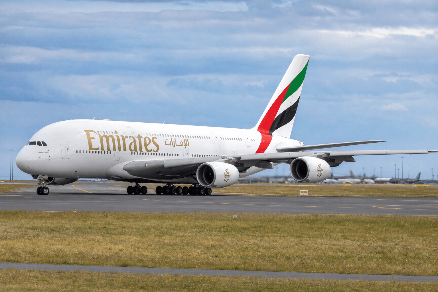 Airbus A380 taxiing at Melbourne Airport on a clear day