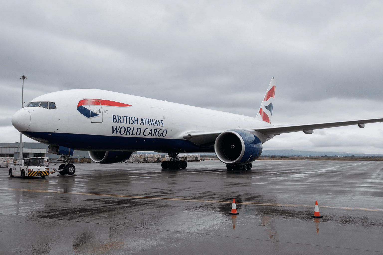 Boeing 777 freighter on the tarmac at Prestwick Airport ready for ultra-long-haul cargo flight