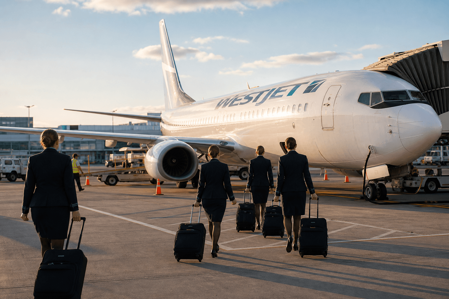WestJet aircraft on tarmac with flight attendants preparing for boarding at sunset