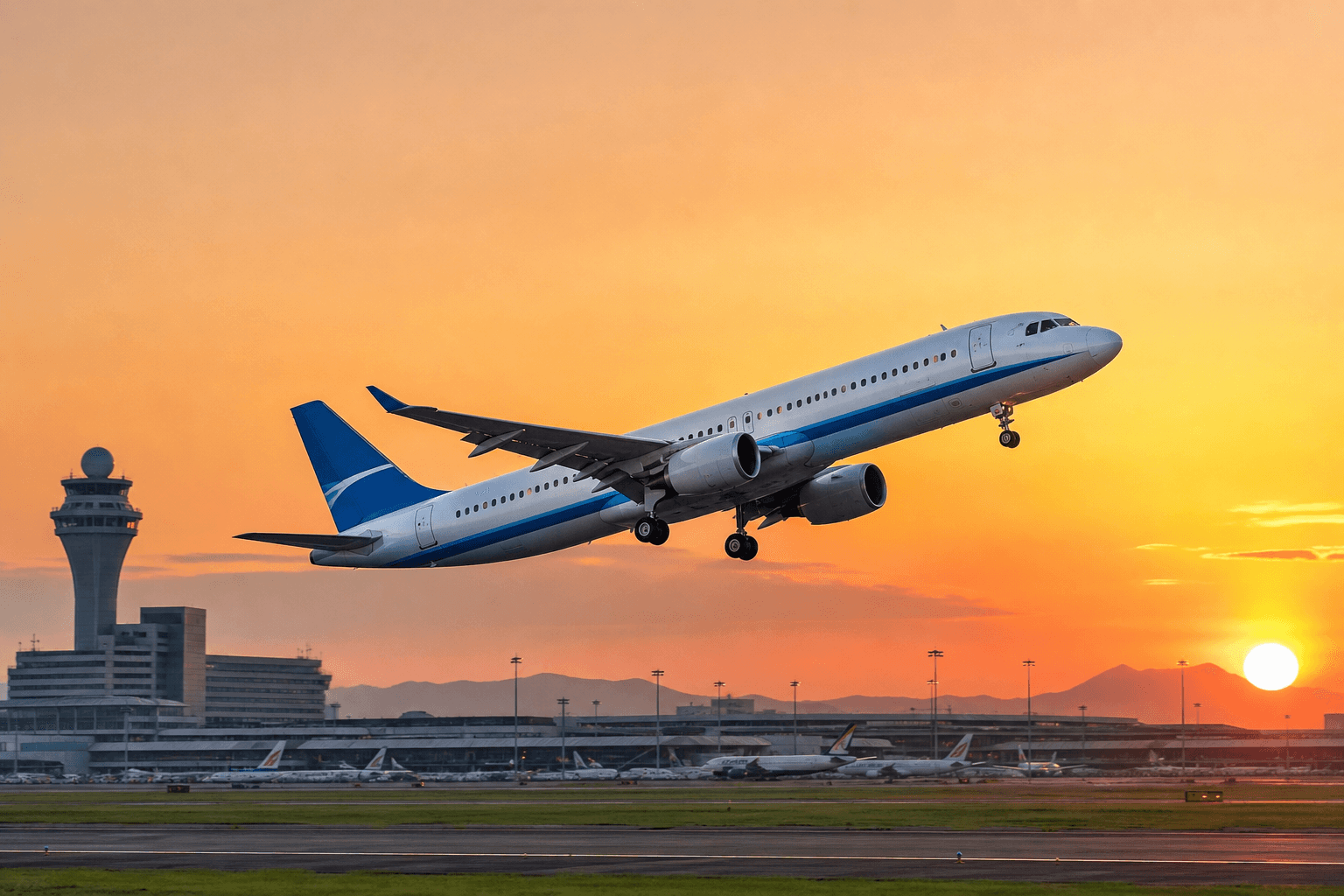 Commercial airliner flying over international airport runway at sunset with global route map overlay