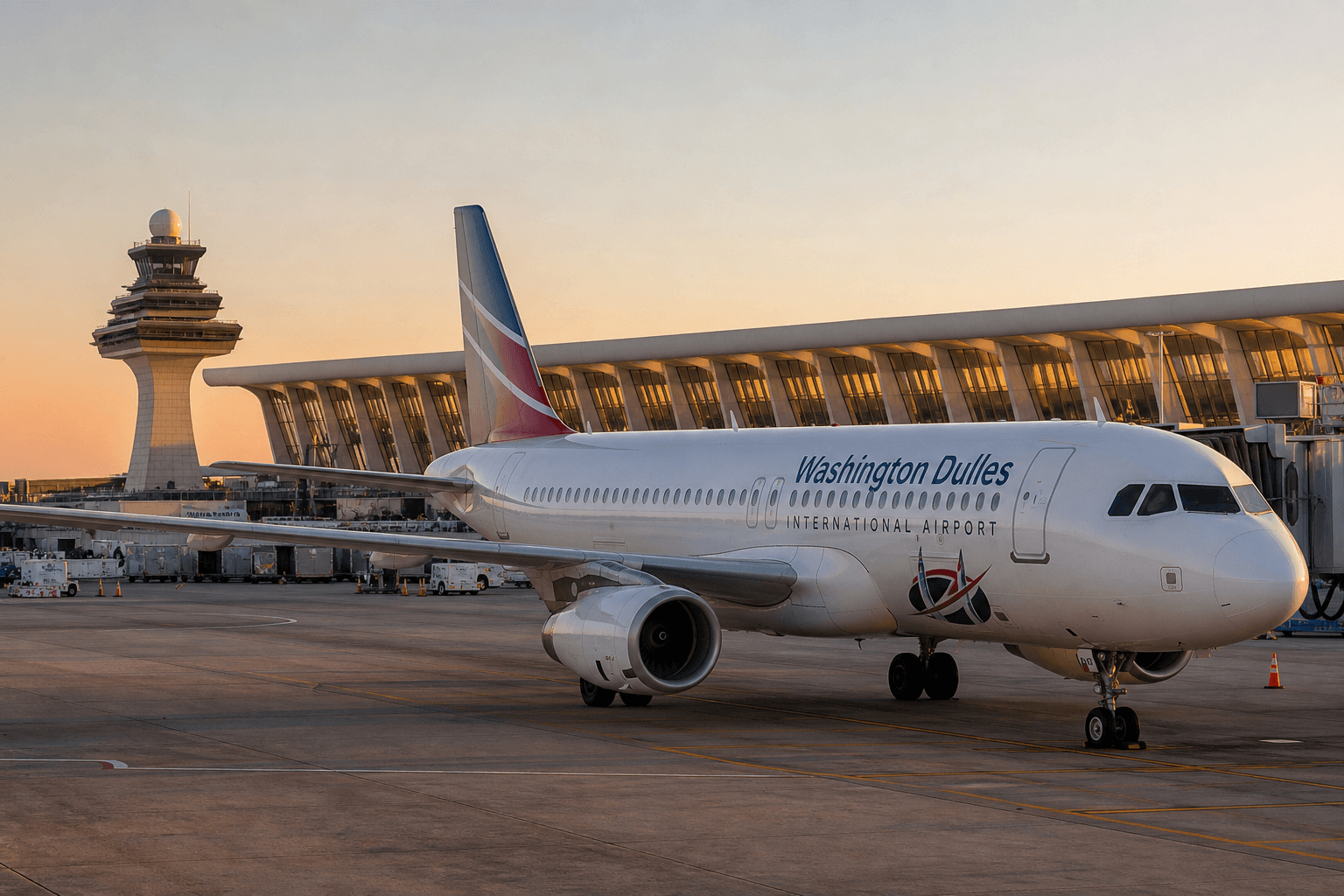 Washington Dulles International Airport main terminal with aircraft on the tarmac at sunset.