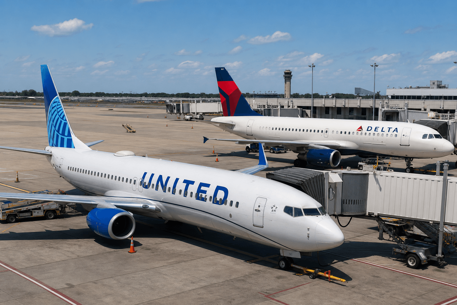 Two commercial airliners from major U.S. carriers parked at an airport terminal under clear sky
