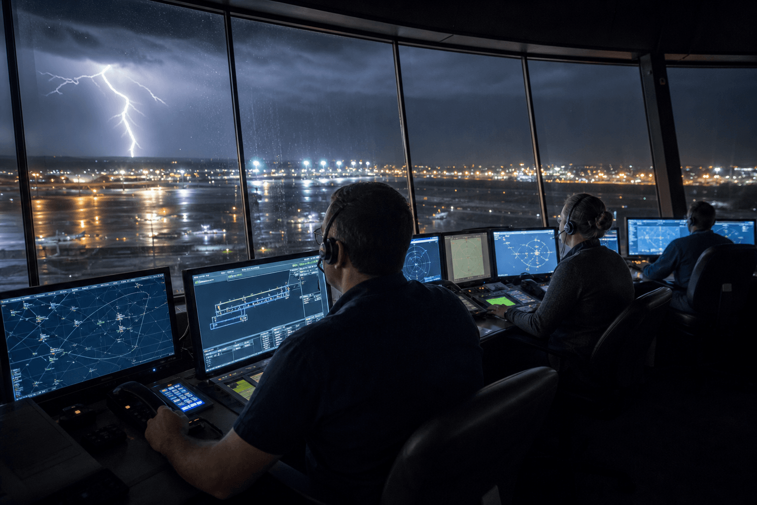 Air traffic controllers coordinating flights amid busy London TRACON radar screens at night.