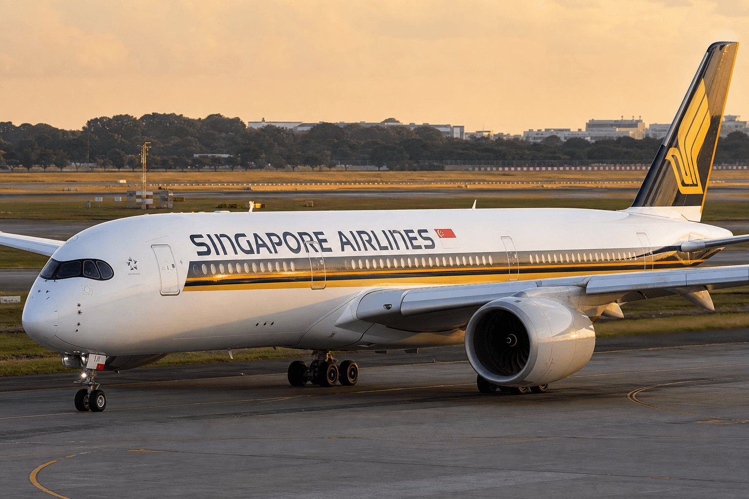 Singapore Airlines Airbus A350 taxiing on runway at sunset