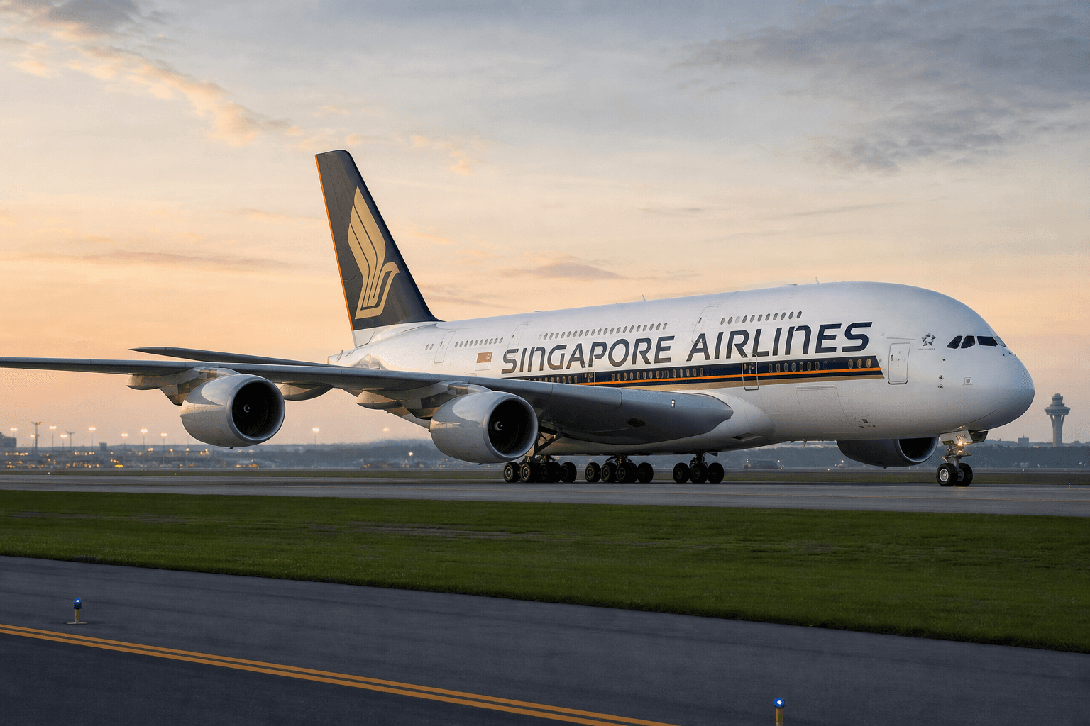 An Airbus A380 taxiing at a major international airport under clear skies