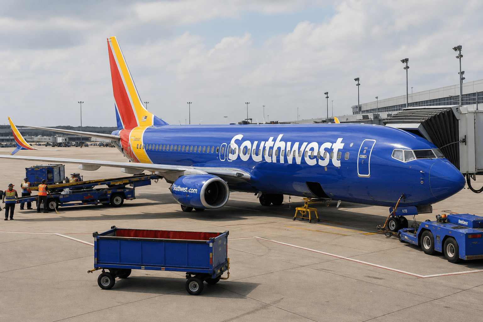 Southwest Airlines Boeing 737-700 parked at Memphis International Airport with ground vehicles nearby