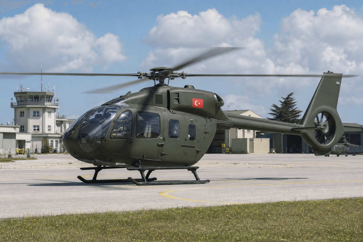 T-70 helicopter taxiing on Turkish airbase runway under clear sky