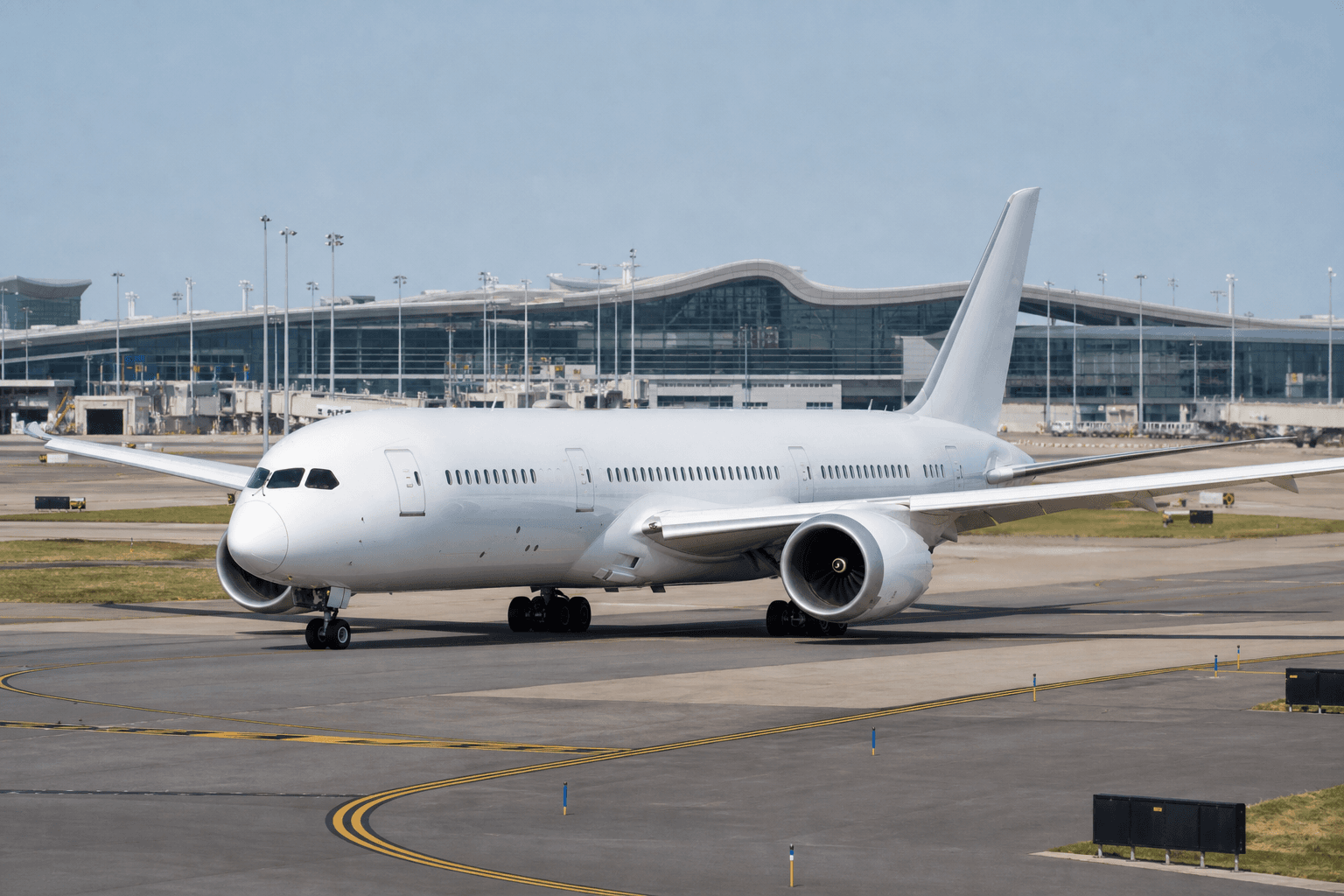 A Boeing 787 Dreamliner taxiing at an airport during daytime with modern terminal in the background