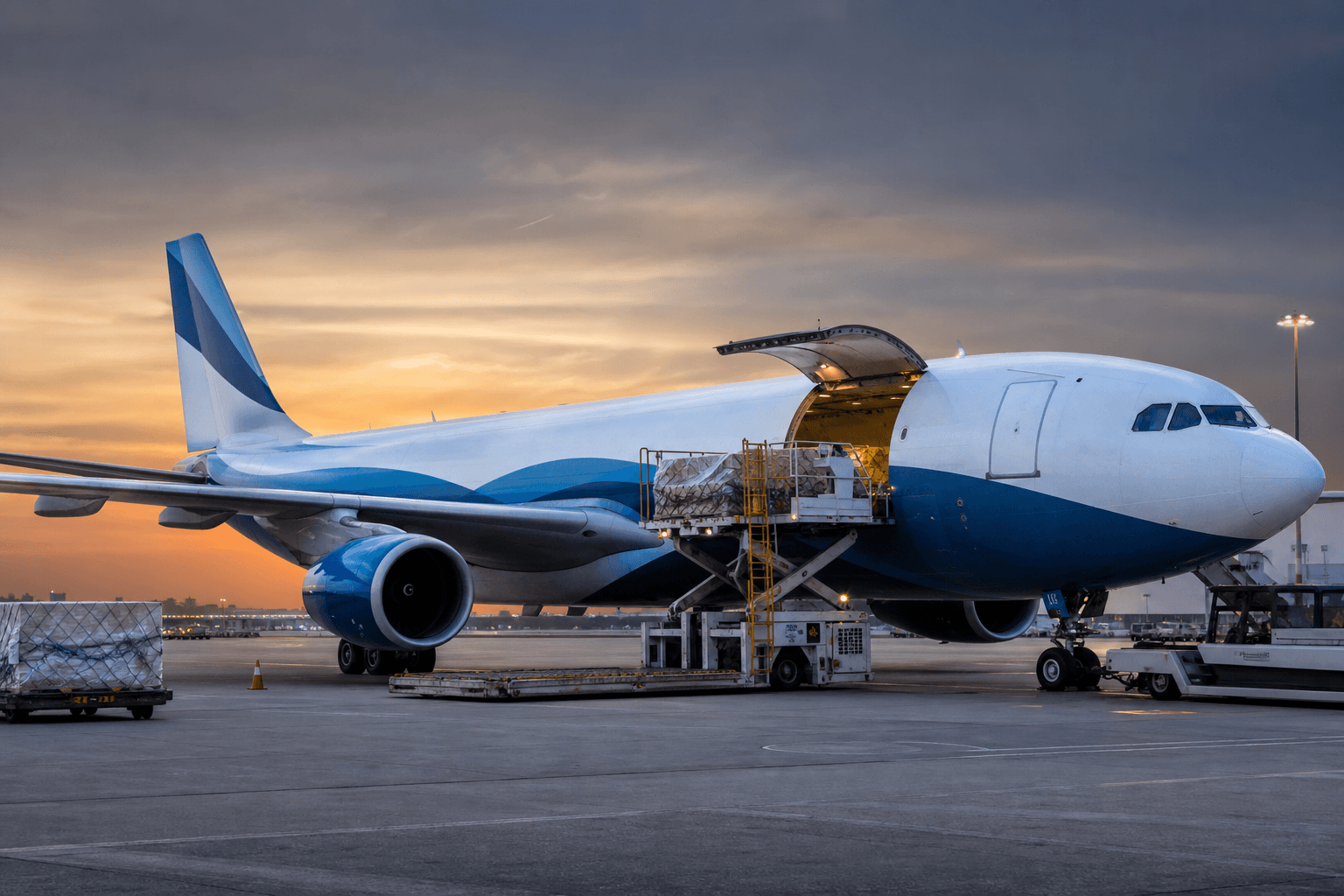 Airbus A330 freighter taxiing on airport ramp at dusk with cargo freight doors open