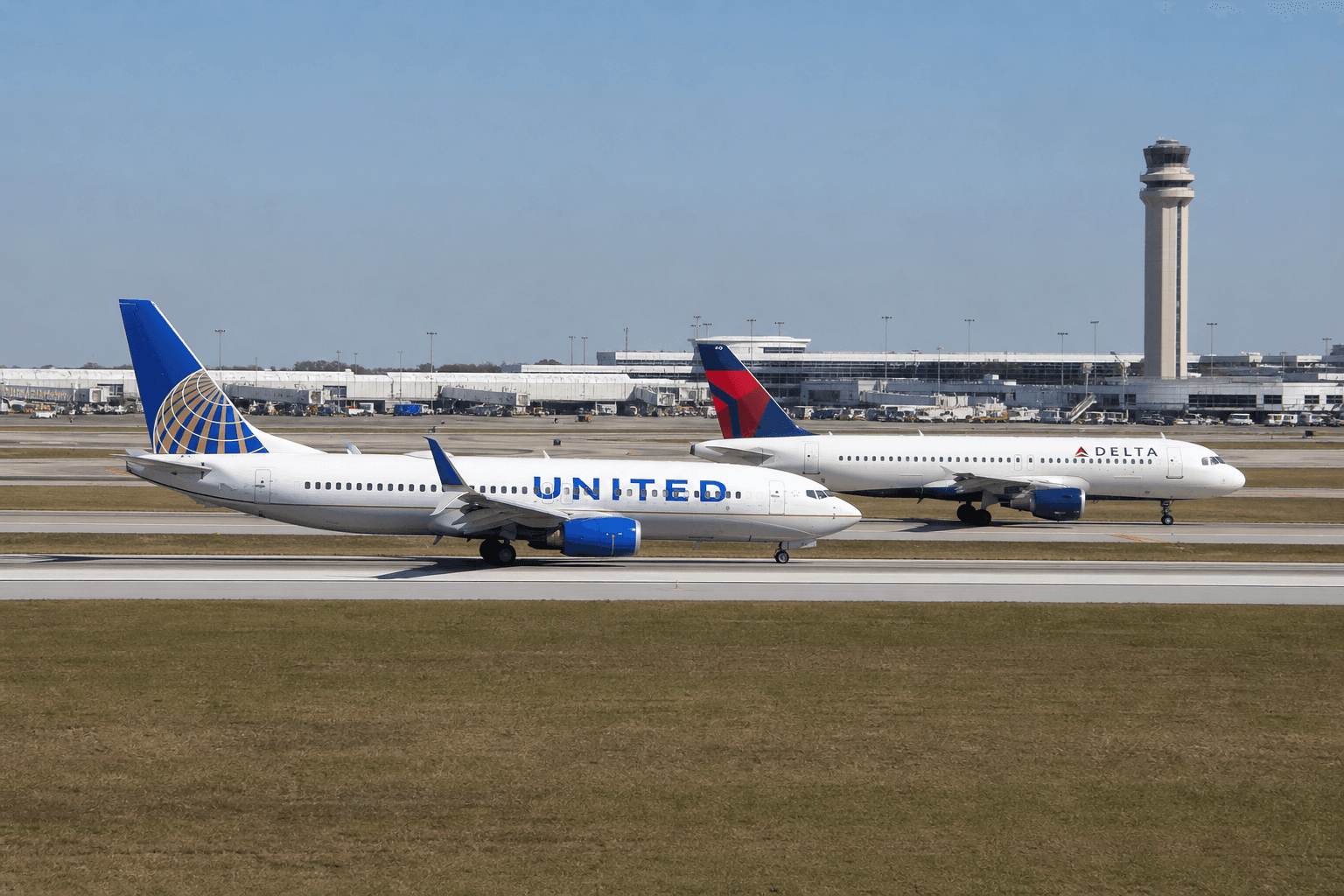 Two commercial airliners from major U.S. airlines taxiing side by side on airport runway