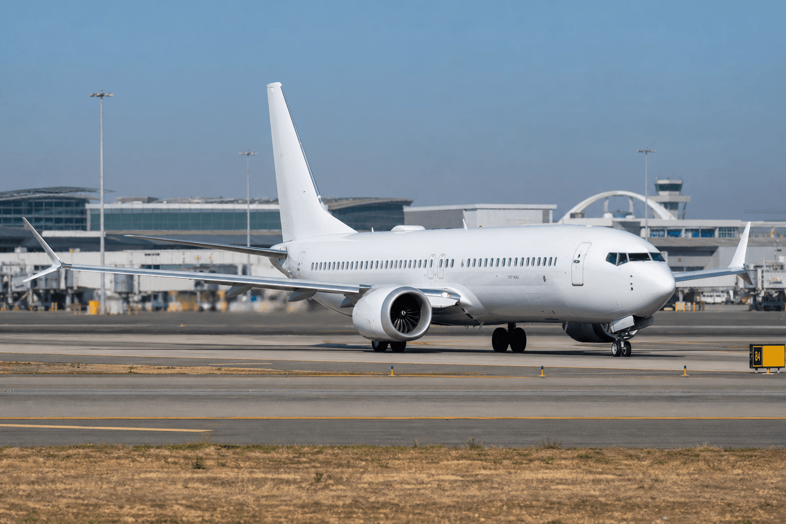 Boeing 737 MAX 8 taxiing on an airport taxiway during daytime